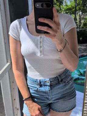 ekattire White Ribbed Henley Bodysuit with Short Sleeves